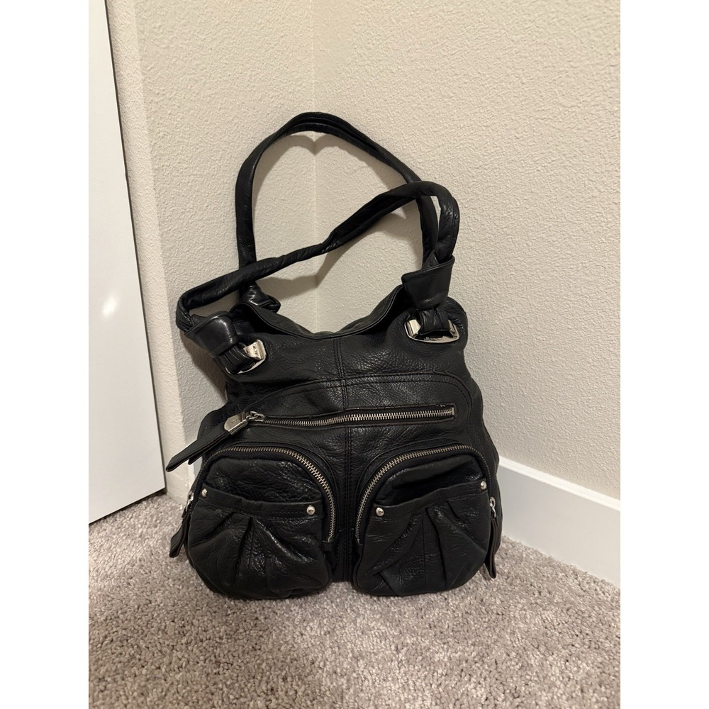 B. Makowsky Black Pebbled Leather Multi Pocket Hobo‎ Bag Y2K Boho Shoulder Purse